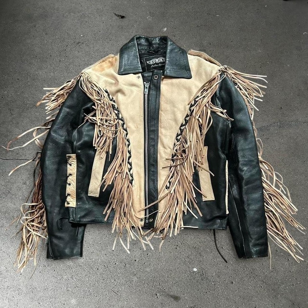 Women's vintage Unik black and brown leather fringe tassel motorcycle jacket 44
